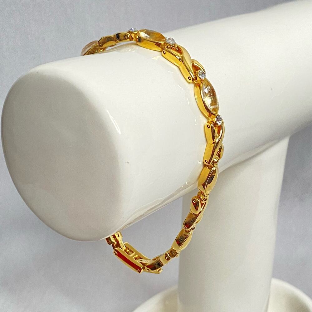 💎XO Bracelet Gold Tone Chain Links Clear Round And Oval Stones Folding Clasp